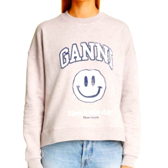 Ganni Isoli smiley face drop shoulder crewneck sweatshirt lilac XS NWOT - Picture 3 of 10